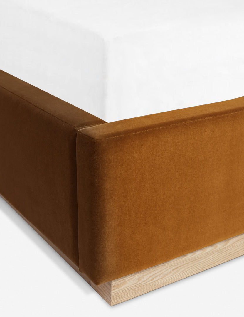 Close-up of the cognac velvet fabric and the white oak base on the Lockwood Bed by Ginny Macdonald.