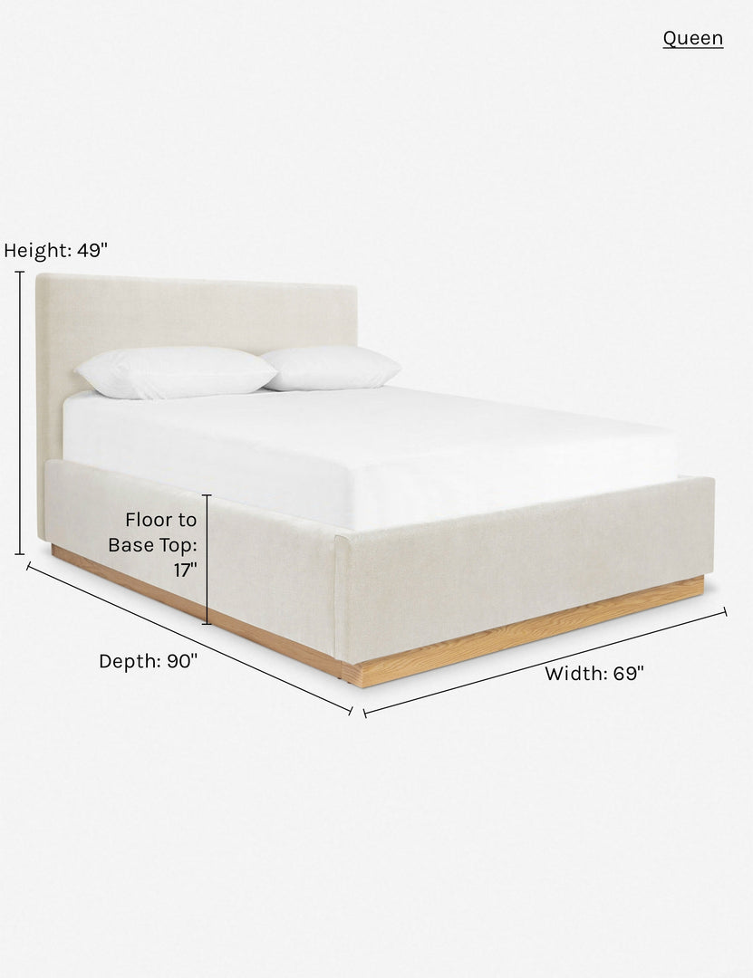 Dimensions on the queen-sized Lockwood natural velvet-upholstered bed with a white oak base.