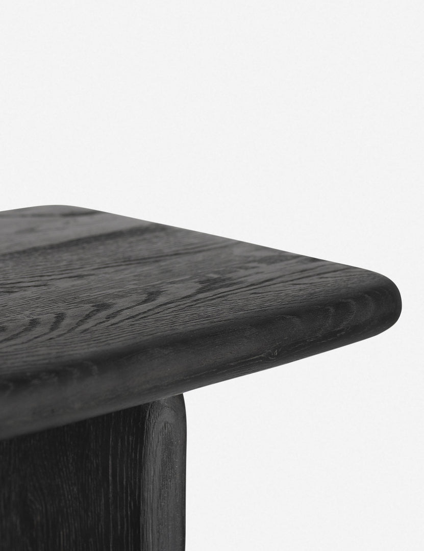 Detailed view of the texture of the black solid wood on the Nera sculptural bookcase