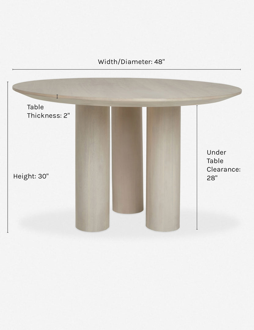 Dimensions on the Mojave white round dining table with an architectural base