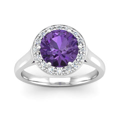 Round Brilliant Cut Purple Amethyst Diamond Halo Engagement Ring