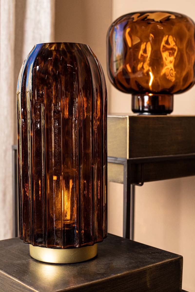 compenseren In de naam Neuken PTMD Landy Ronde Tafellamp - H30,5 x Ø12 cm - LED - Glas - Bruin/Zwart