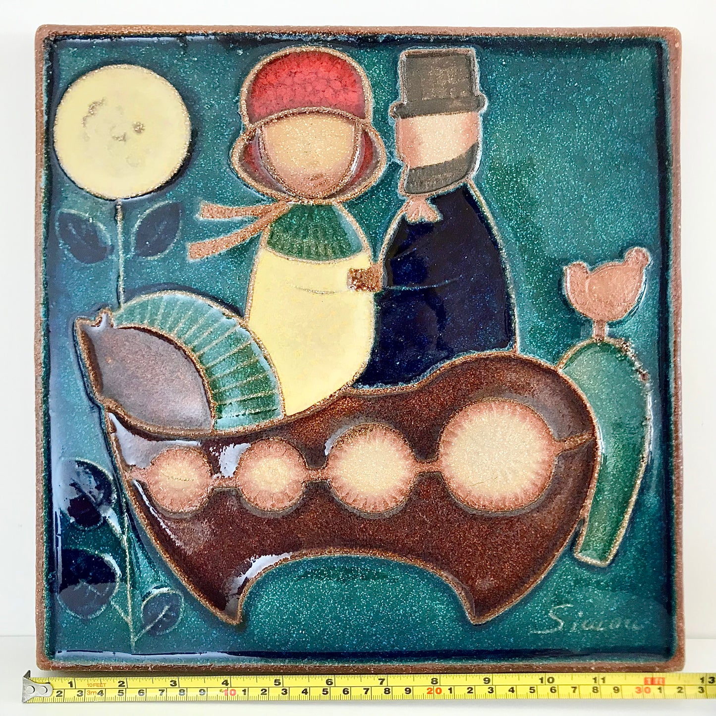 Large Soholm Pottery Danish Teal Ceramic Wall Relief Turquoise Retro Vintage 1960s 1970s