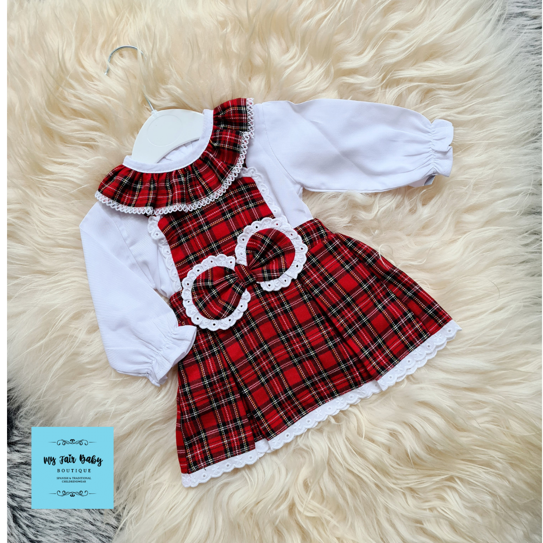 NEW AW18 Girls White Red Tartan Pinafore Dress by Kinder Boutique 0-4 years 