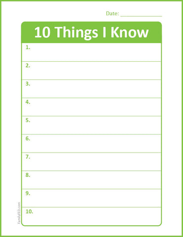 Download the "10 Things I Know" journaling page from Family FED