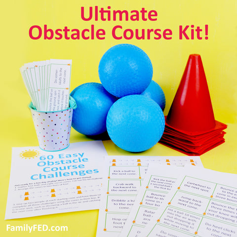 Create the ultimate summer obstacle course with ease! All you need are 4 rubber balls, 8 sports cones, and our list of 60 obstacle course challenges! 