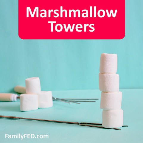 Marshmallow Tower Contest easy camp game for campfires, family campouts and family reunions, girls' camp, Young Women camp, and boys' camp