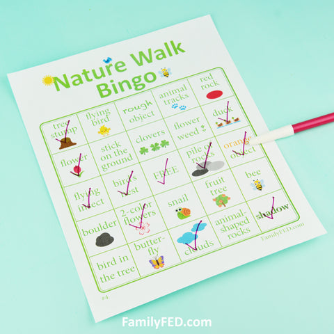 10 Printable Nature Walk Bingo cards for girls' camp, family campouts and family reunions, nature adventures, and boys' camps