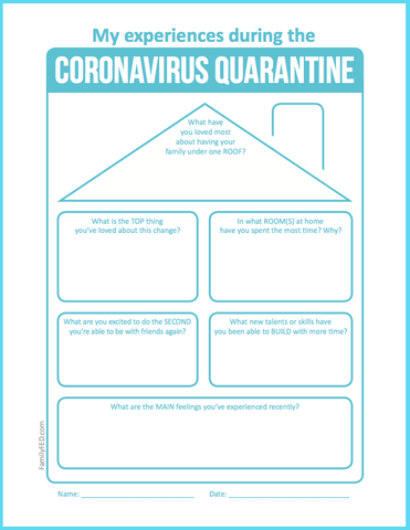 Printable coronavirus quarantine journaling prompts about home