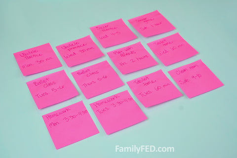 Assign each person a sticky note color and have them write each daily or weekly activity or responsibility by day and time. 