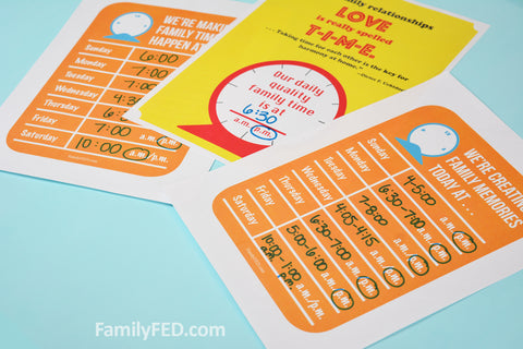 Post your decluttered family schedule in your home and put it into phones as needed. These free downloadable schedules make it easy to remember when family time is each day and how long it will be!