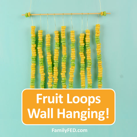 Create a wall hanging with skewer sticks and Fruit Loops for arts and crafts for kids—a Creativity Exercise with Fun and Food