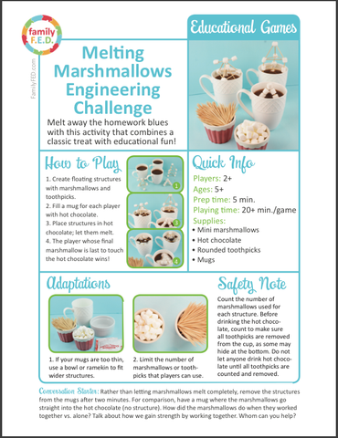 Instructions for how to play Melting Marshmallows Engineering Challenge.STEM. by Family FED