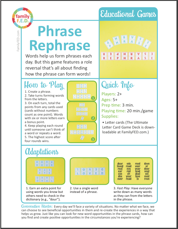 Instructions for how to play Phrase Rephrase by Family F.E.D.
