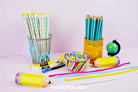 Customized Pencil Cups and Desk Storage from the Dollar Tree for a Fun Virtual Learning Space