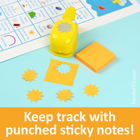 Create bingo markers by cutting or punching shapes from the sticky part of sticky notes.