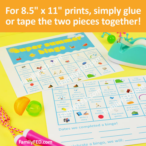 Tape the two 8.5" x 11" sheets together to create an 11" x 17" print for the Super Summer Bingo activity