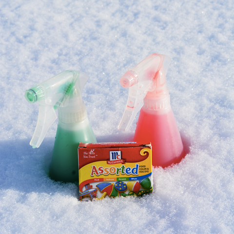 Supplies for Tic-Tac-Snow (water bottles, water, and food coloring)