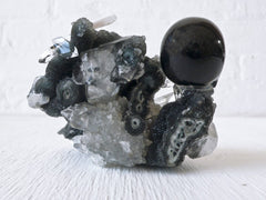 Pointed Apophyllite on Black Chalcedony with Agate Carved Skull