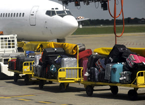 Cargo and luggage being loaded onto an airplane
