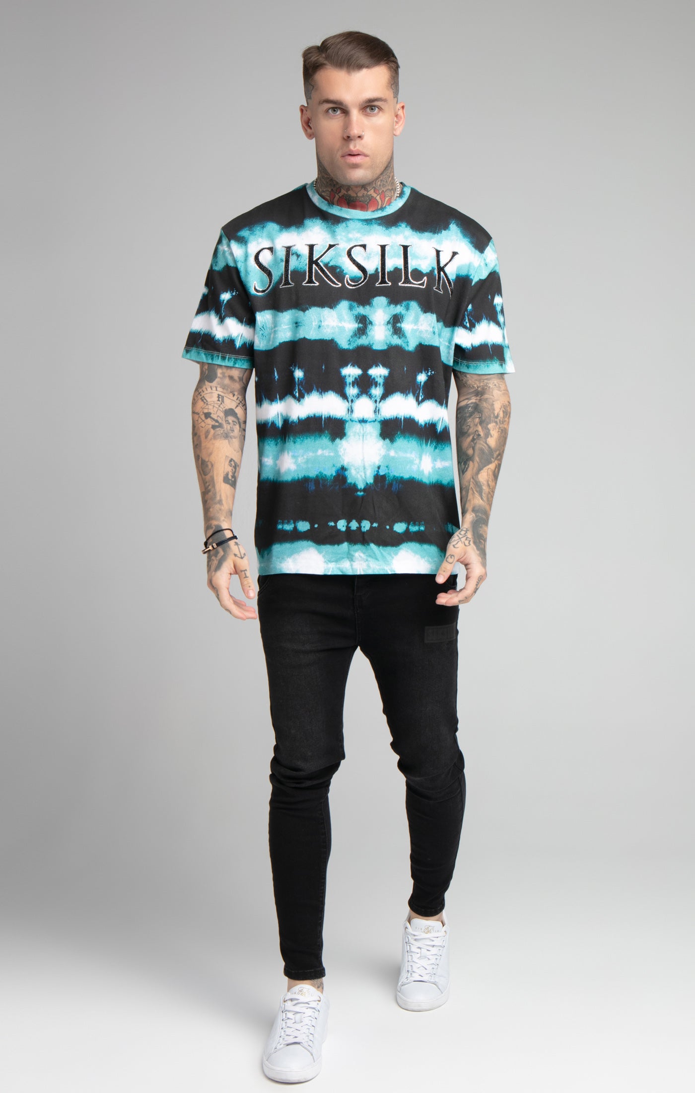 SikSilk Tie Dye Rhinestone Tee - Black White & Blue (2)