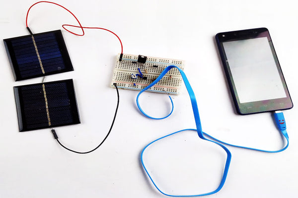 Solar powered mobile phone charger circuit setup