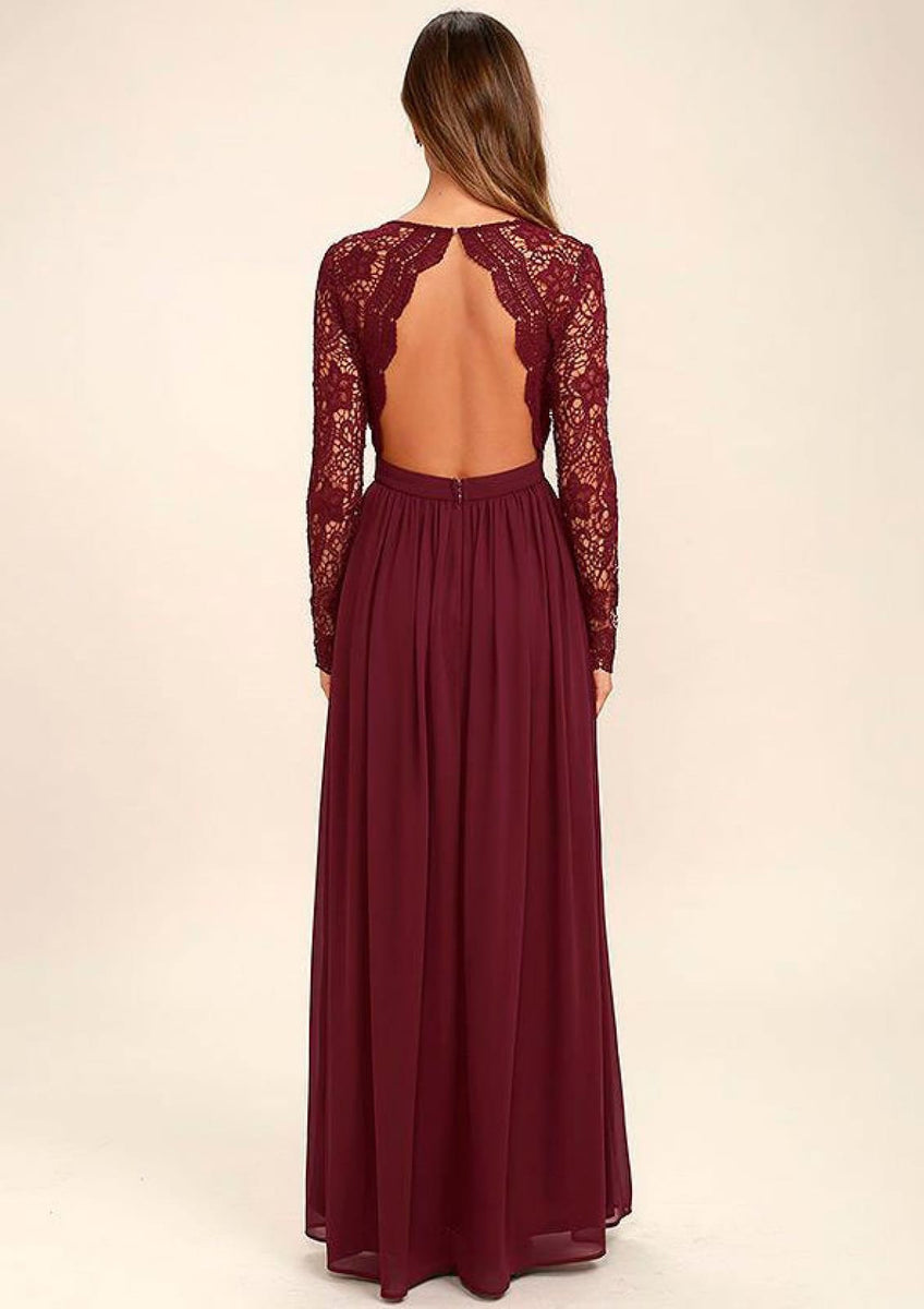 Burgundy Chiffon Long Lace Sleeve Backless Wedding Party Bridesmaid Dr Princessly 0545