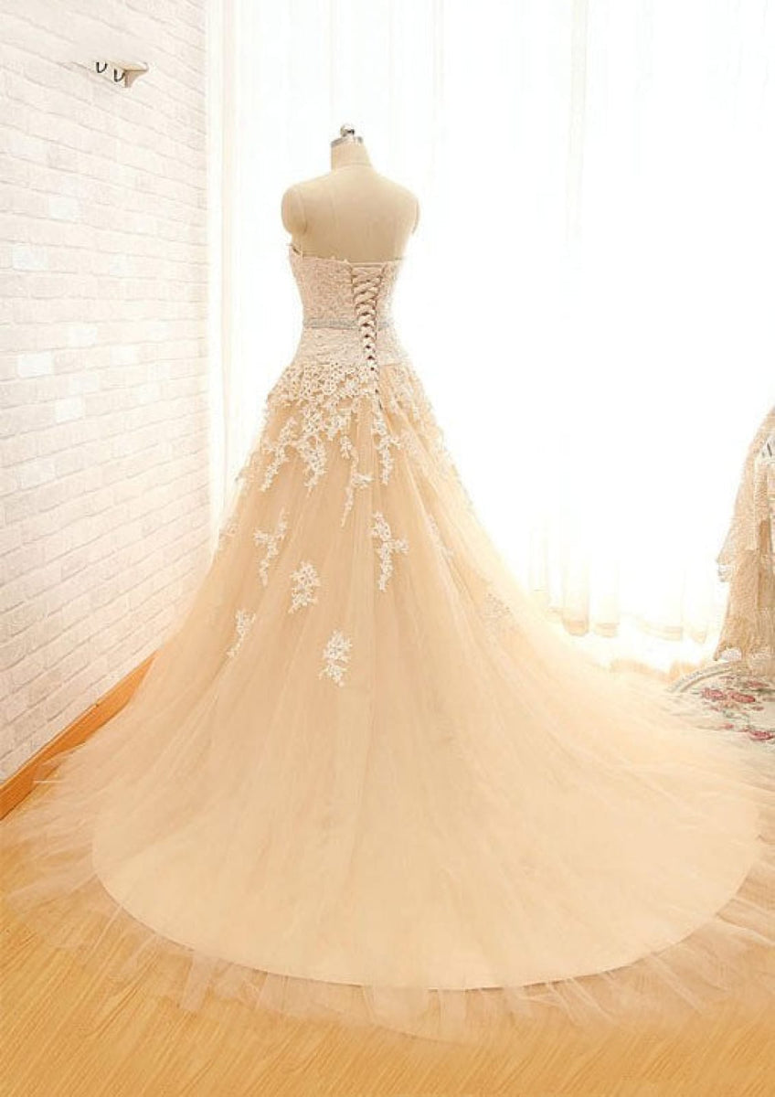 A Lineprincess Champagne Tulle Wedding Dress Ivory Lace Princessly 