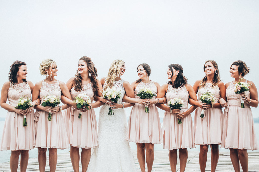 Short lace and chiffon blush pink bridesmaid dresses | 11 Pin-Worthy Blush Bridal Parties | Ali Kvidt Photography | Kennedy Blue