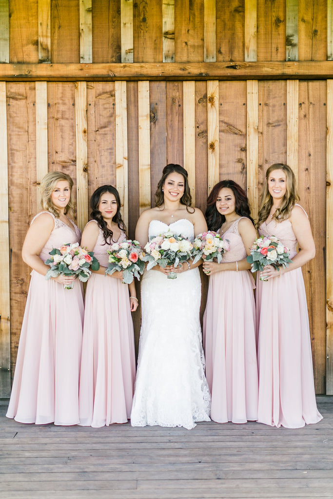 Long lace and chiffon blush pink bridesmaid dresses | 11 Pin-Worthy Blush Bridal Parties | Catherine Leanne Photography | Kennedy Blue