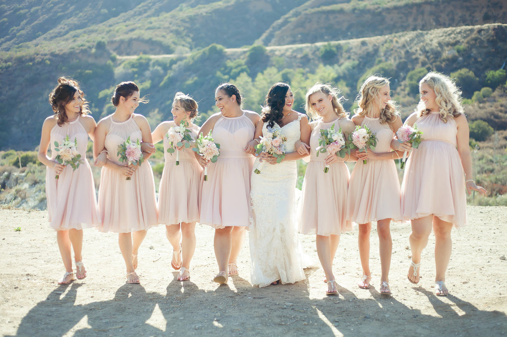 Short high neck chiffon bridesmaid dresses in blush pink | 11 Pin-Worthy Bridal Parties | Janelle Marina Photography | Kennedy Blue