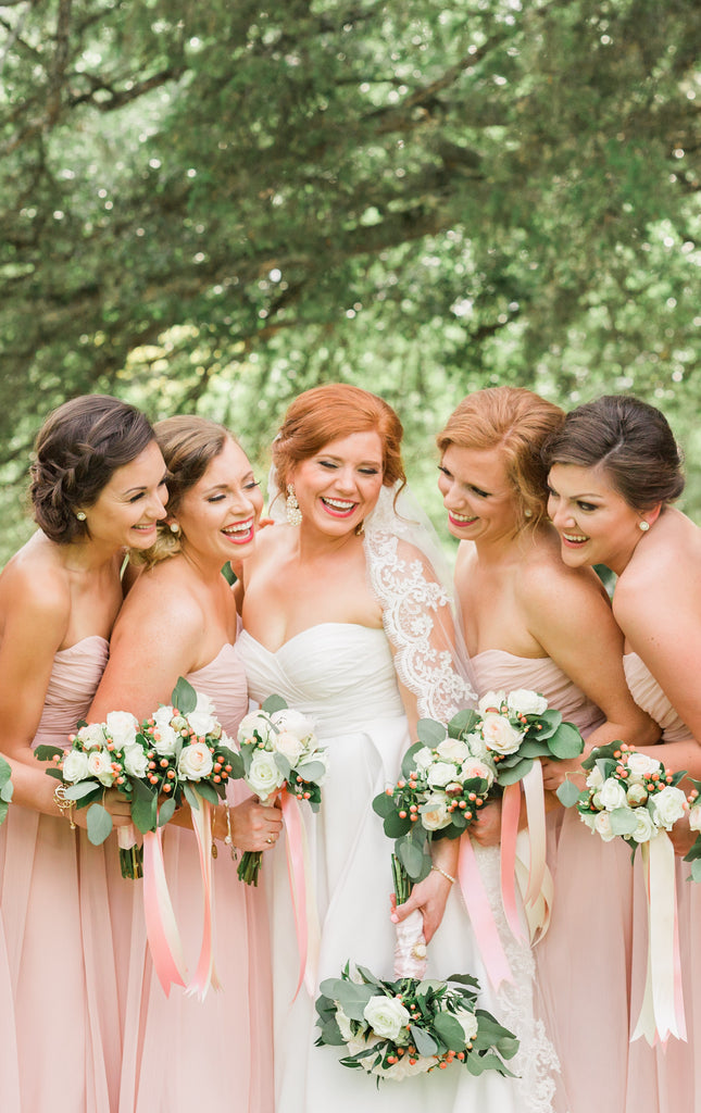 Strapless chiffon bridesmaid dresses in blush pink | 11 Pin-Worthy Blush Bridal Parties | Jessica Roberts Photography | Kennedy Blue