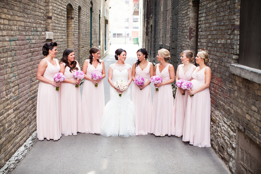 Long chiffon blush bridesmaid dresses in blush | 11 Pin-Worthy Blush Bridal Parties | Kye Samuelson Photography | Kennedy Blue