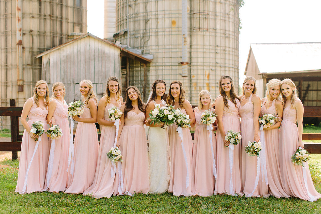 Long chiffon mix-and-match bridesmaid dresses in blush pink | 11 Pin-Worthy Bridal Parties | Jo Photo | Kennedy Blue
