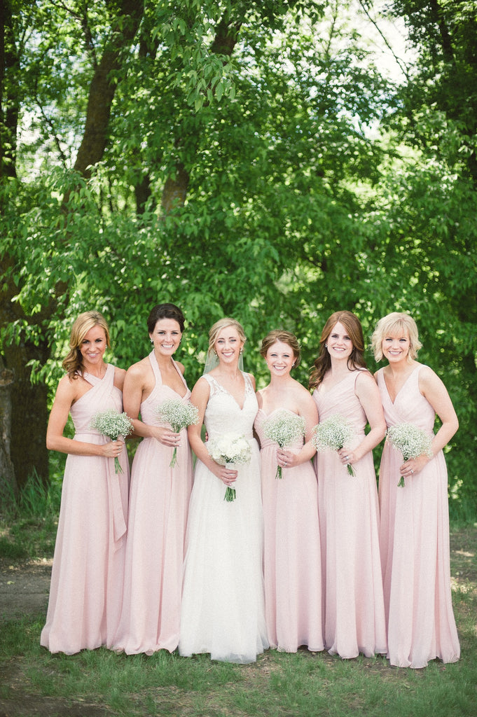 Mismatched long chiffon blush pink bridesmaid dresses | 11 Pin-Worthy Blush Bridal Parties | Katie Lewis Photography | Kennedy Blue