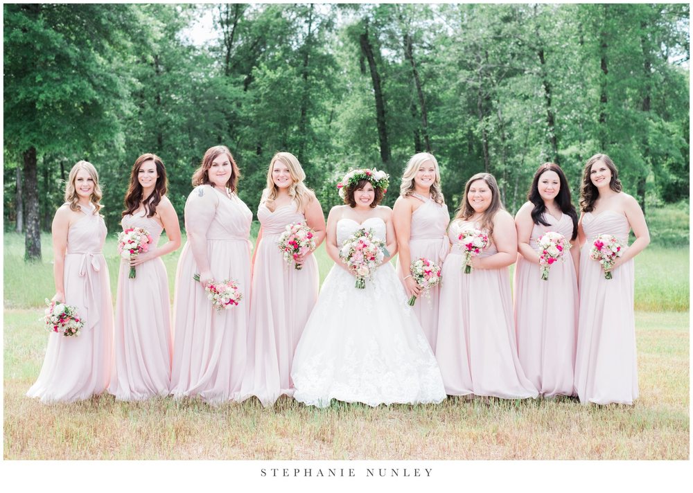 Long chiffon mix-and-match bridesmaid dresses in blush pink | 11 Pin-Worthy Blush Bridal Parties | Stephanie Nunley Photography | Kennedy Blue