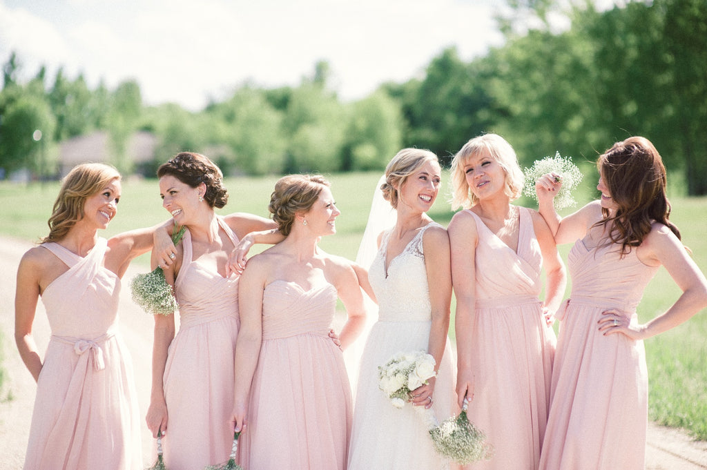 Long chiffon mix and match blush bridesmaid dresses | 11 Pin-Worthy Blush Bridal Parties | Katie Lewis Photography | Kennedy Blue