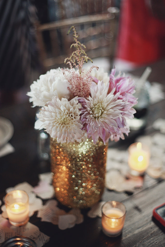 A gorgeous gold, glitter vase for floral wedding centerpieces. | A Whimsical Gold and Pink Wedding Day