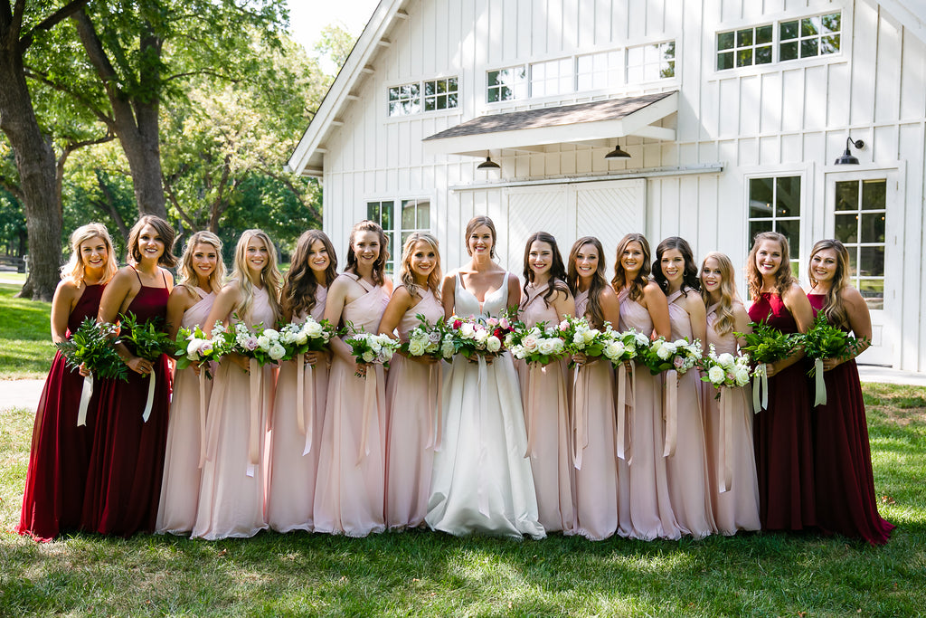Madison's bridesmaids look stunning in Kennedy Blue Elena in Blush and Alice in Bordeaux
