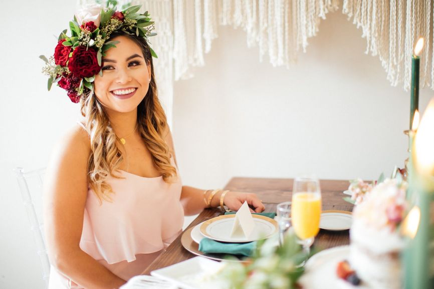 boho bridesmaid with flower crown 