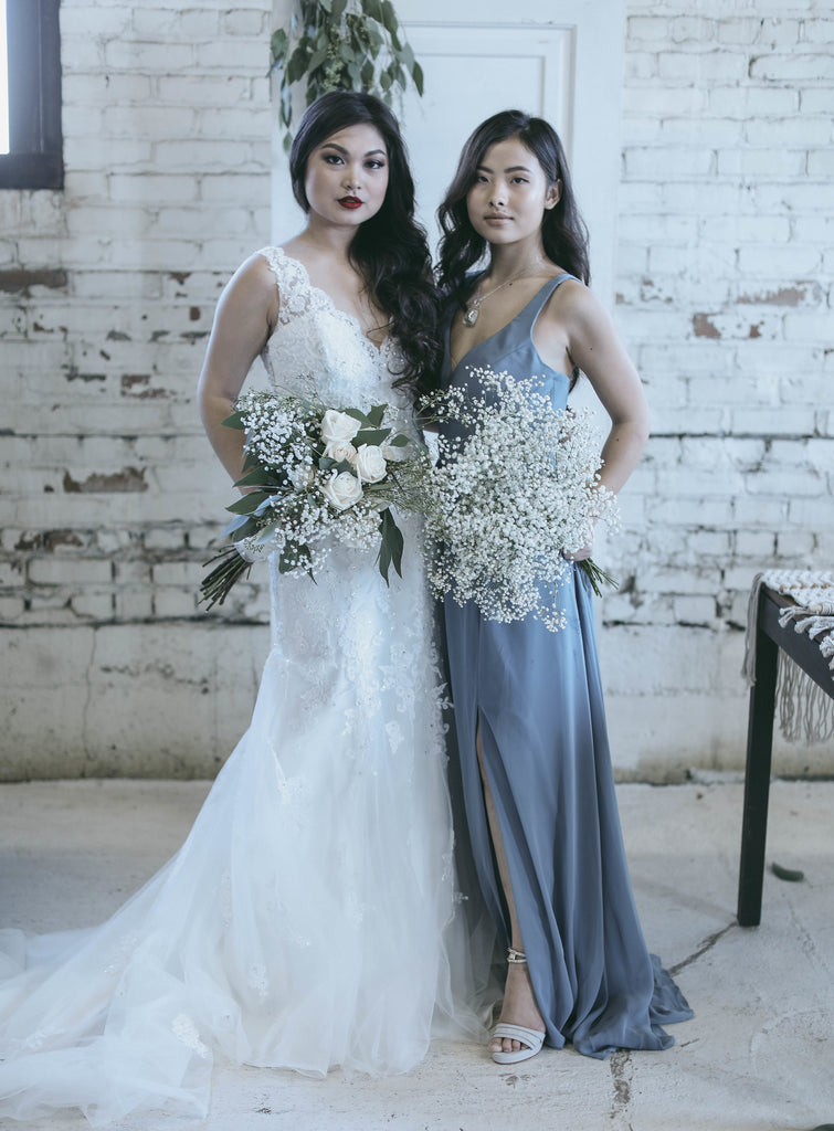 Bride and Bridesmaid | Moody Styled Shoot | Kennedy Blue Dresses