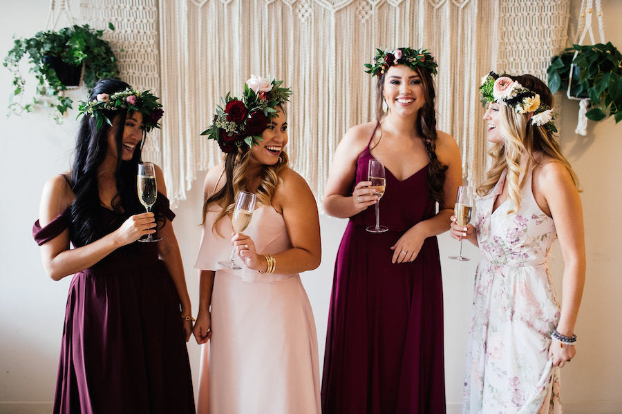 Bridesmaids in Bohemian Dresses with backdrop | Boho Styled Shoot