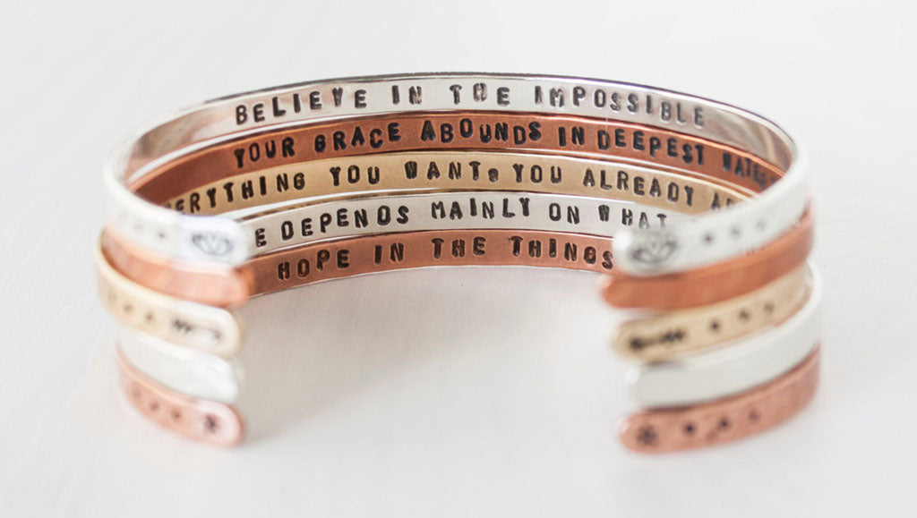 A hand-stamped inspirational quite bracelet from ZennedOut