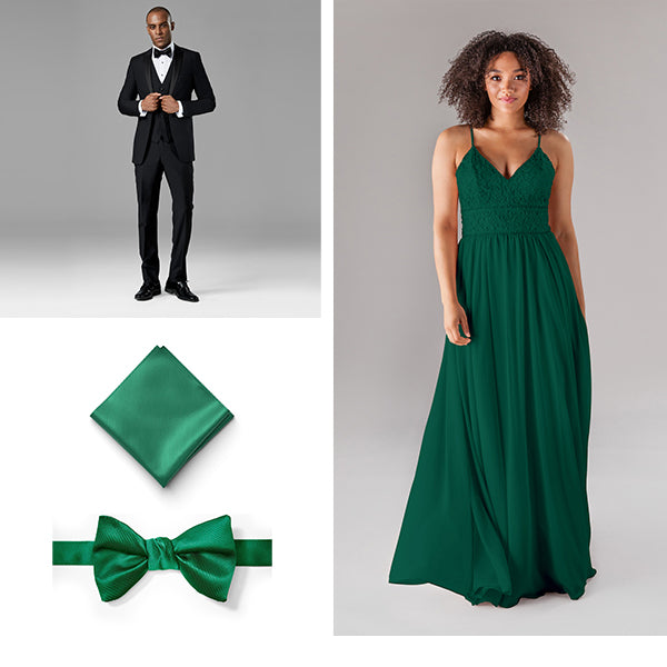 Generation Tux Iron Black Peak Lapel Tuxedo, Emerald Pre Tied Striped Tie, Emerald Pocket Square, Kennedy Blue Bridesmaid Dress Devin Emerald