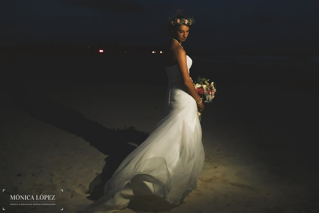 A stunning evening shot of the brides Kennedy Blue wedding dress | A One-Of-A-Kind Destination Wedding