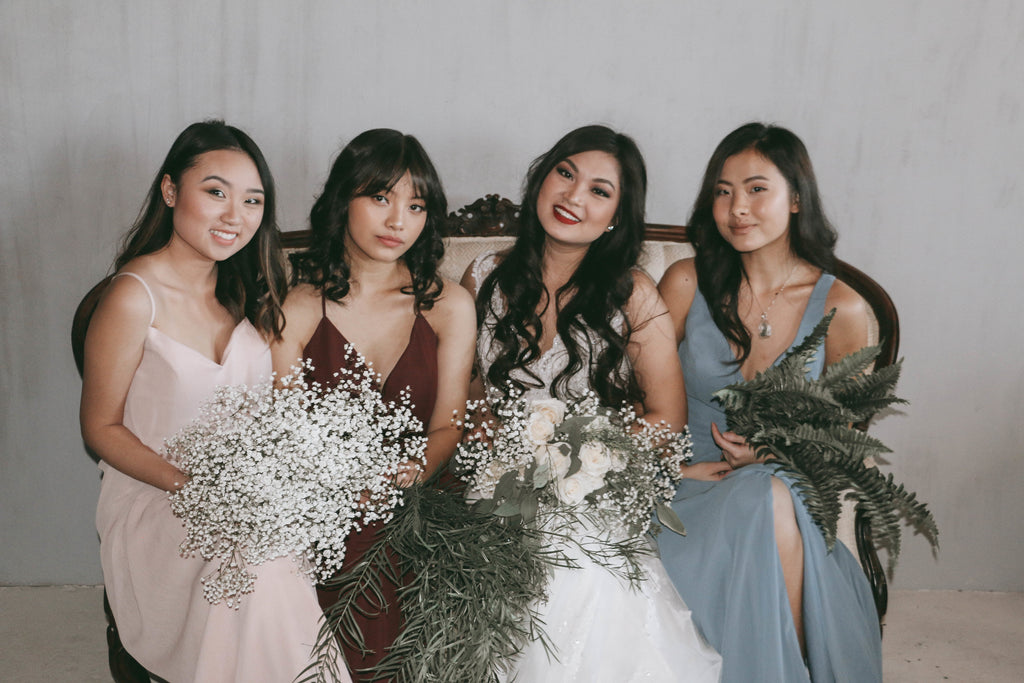 Bridesmaids with Bride before ceremony | Moody Styled Shoot | Kennedy Blue Dresses