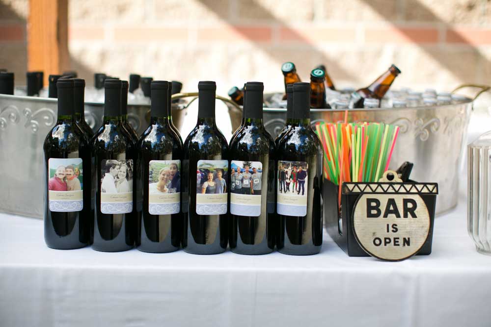 Personalized wines were served at the wedding reception.