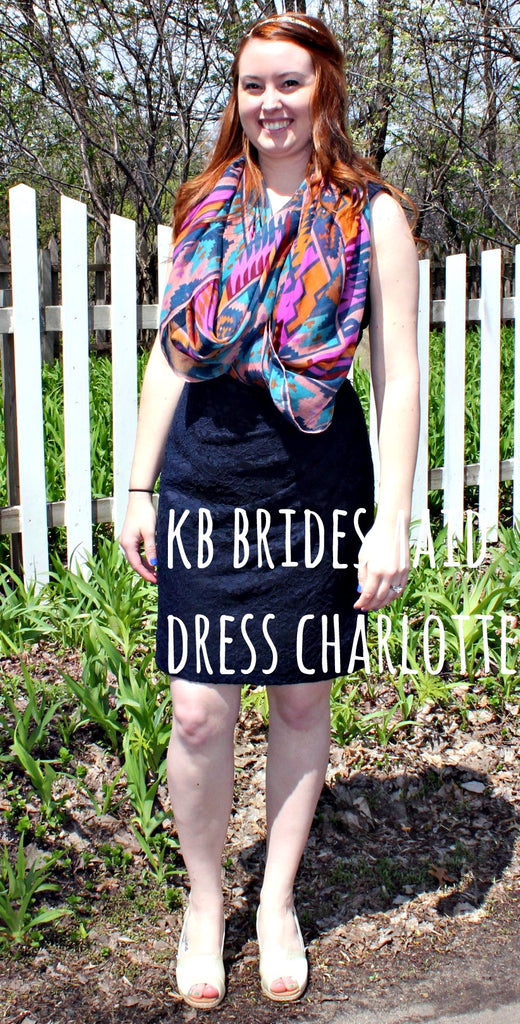 Kennedy Blue bridesmaid dress Charlotte restyled with an aztec-print scarf and TOMS wedges. | www.KennedyBlue.com