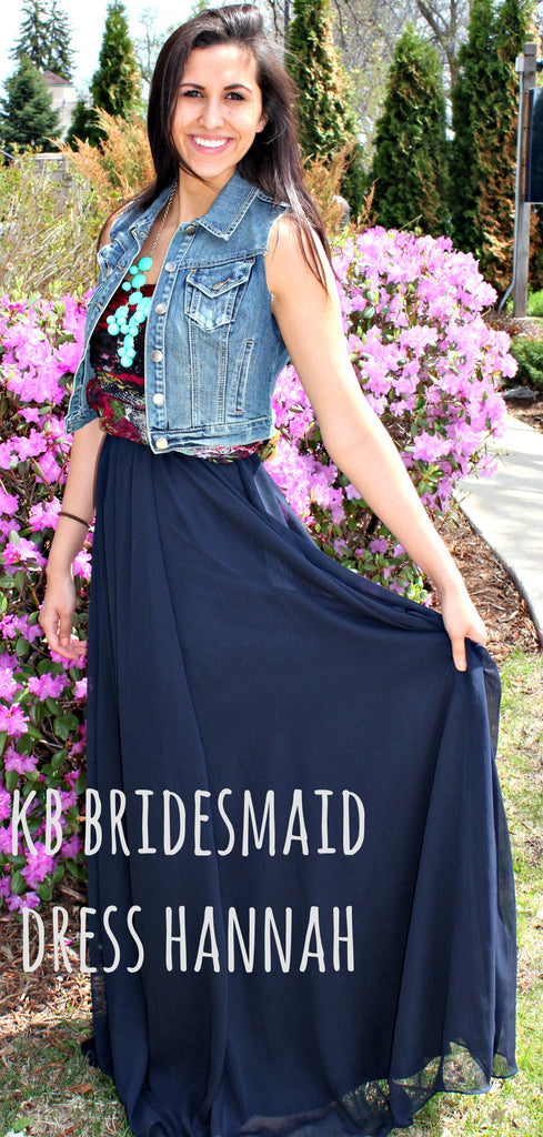Kennedy Blue bridesmaid dress Hannah restyled with denim vest, colored wrap, and chunky necklace. | www.KennedyBlue.com