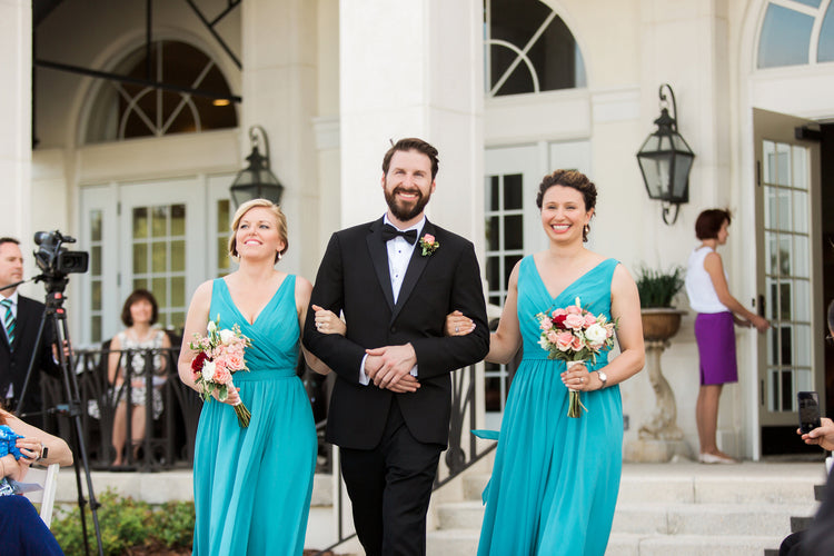 Groomsmen and Bridesmaids walking down the aisle | Alexis and Michaels Wedding | Featured on Destination Wedding Details | Real Wedding blog
